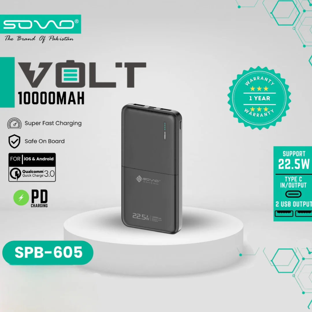 SOVO SBP-605 (10000 mAh) Power Bank – 22.5W Fast Charging Supported Portable Powerbank With Dual Ports & USB-C PD Support