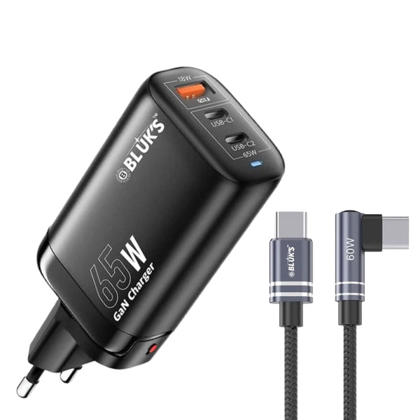 65W GaN Fast Charger 3-Port PD Adapter with Type-C Cable Quick Charge 3.0 USB-C Charger for Laptop Mobile & Tablet