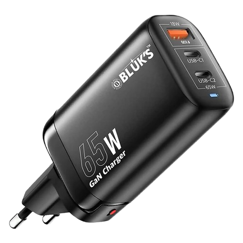 65W GaN Fast Charger 3-Port PD Adapter with Type-C Cable Quick Charge 3.0 USB-C Charger for Laptop Mobile & Tablet