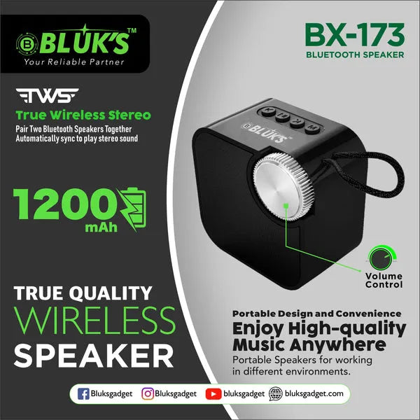 Bluks BX-173 Rechargeable Bluetooth Speaker with Long-Lasting 1200mAh Battery